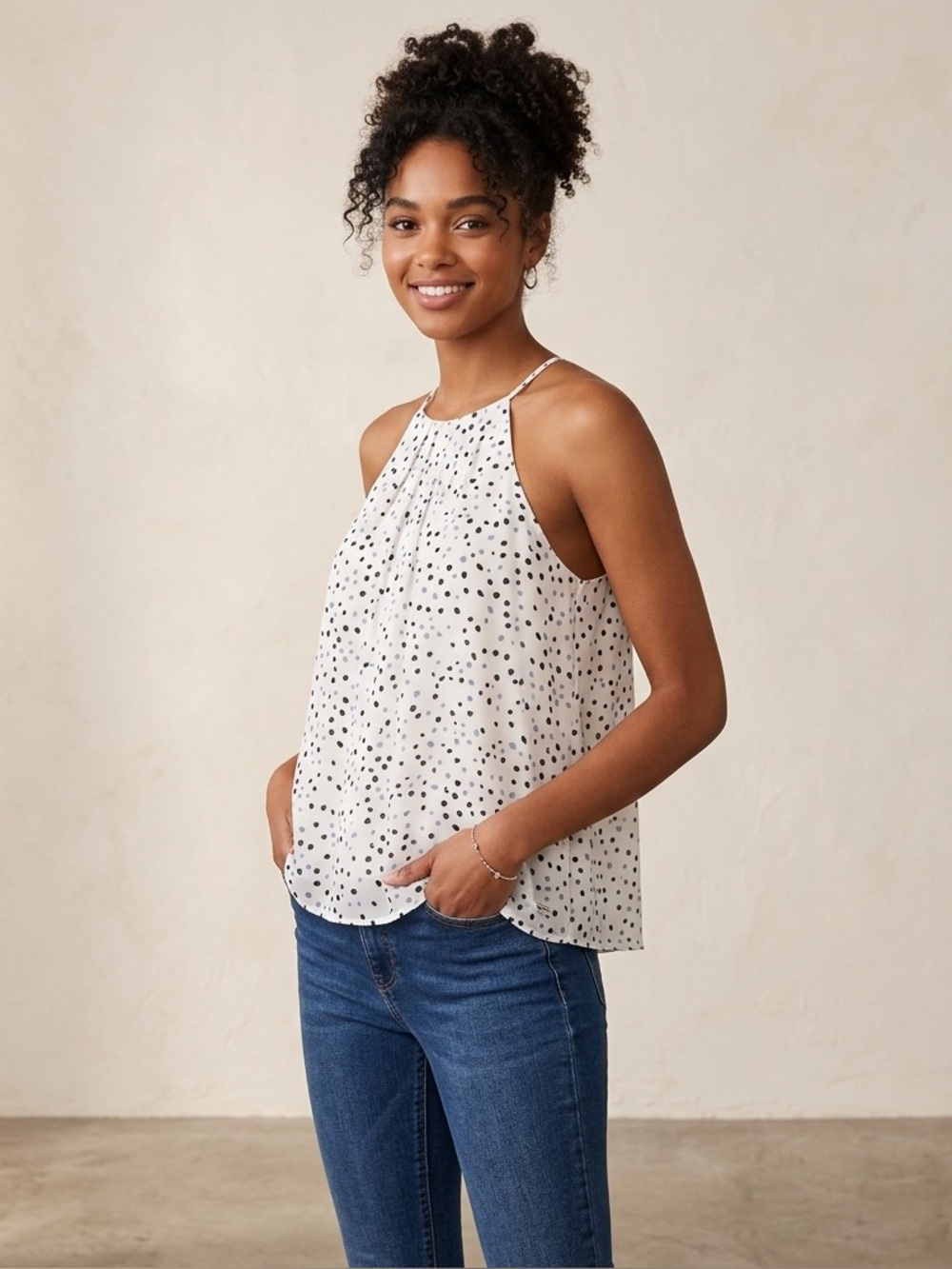She + Sky Large Pink Black Blue Speckled Dot Sleeveless Blouse High Neck Tank